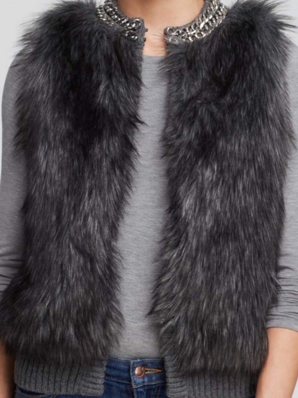 MICHAEL Michael Kors Gray Faux Fur Vest with Chain Trim